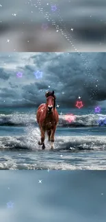 Horse running on beach with a starry sky background on mobile wallpaper.