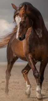 Majestic brown horse galloping on a sandy beach with a cloudy sky backdrop.