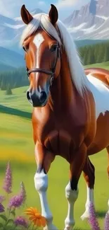 Majestic horse standing in a green pasture with a bright blue sky.