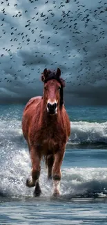 Horse galloping through ocean waves under dramatic skies for mobile wallpaper.