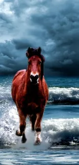 Horse galloping on ocean waves with a dramatic sky background.