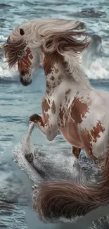 Majestic horse galloping through ocean waves.