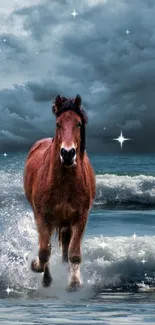 A horse gallops through ocean waves beneath a stormy sky.