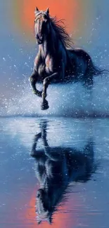 Majestic horse galloping through water with a blue and orange background.