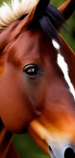 Close-up portrait of a majestic brown horse with striking details.