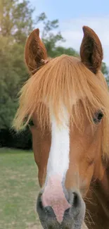 Close-up of a brown horse in a green field against a blue sky.