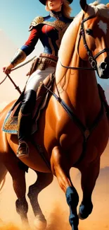 Majestic horse and rider in desert setting, mobile wallpaper.