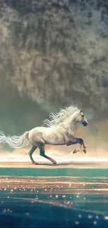 Majestic horse galloping on a tranquil beach.