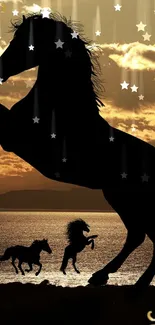 Horse silhouette against a golden sunset with star accents.