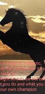 Rearing horse silhouette against orange sunset with inspirational text.