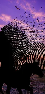 Horse silhouette transforms into fingerprint against purple sky.