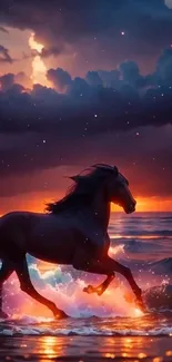 Stunning wallpaper of a horse galloping by the ocean at sunset with vivid colors.