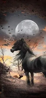 Majestic horse in moonlight with a mystical landscape surrounding.