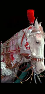 Majestic horse with intricate decorations on a black background.