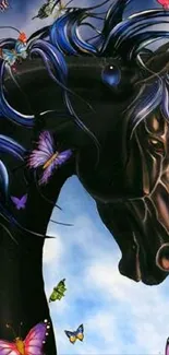 Artistic wallpaper featuring a black horse and colorful butterflies.