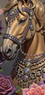 A beautifully adorned horse with ornate jewelry and roses.