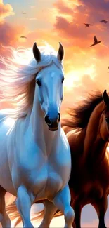 Two horses running under a vibrant sunset sky with birds.