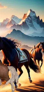 Majestic horses galloping at sunset in a mountain landscape.