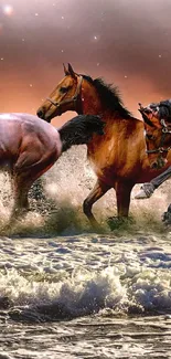 Majestic horses galloping through ocean waves during sunset.