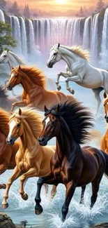 Horses galloping in front of a waterfall with vibrant colors.
