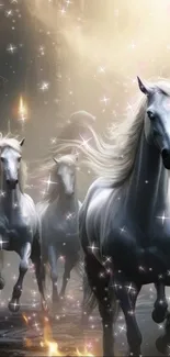 Fantasy wallpaper featuring white horses galloping under a starry, mystical sky.