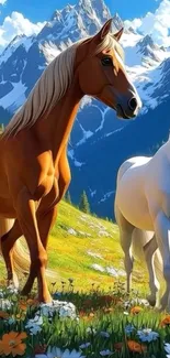 Horses grazing in a vibrant alpine meadow.