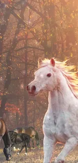 A white horse gallops in a sunlit autumn forest, surrounded by vibrant fall colors.