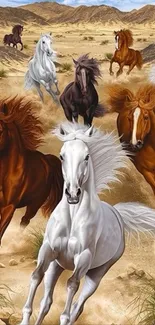 Majestic horses running through a desert landscape, showcasing natural beauty.