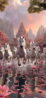 White horses running through a fantasy landscape with temples and lotus flowers.