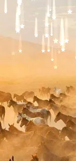 A herd of horses running in a golden dusty landscape under a shimmering, star-filled sky.