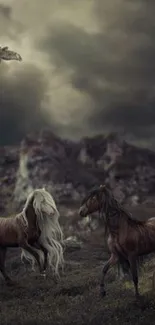 Majestic horses under a cloudy sky with an ethereal landscape background.