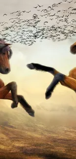 Two majestic horses galloping with birds flying in the background.