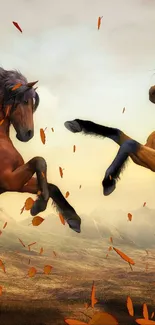 Two dynamic horses in an autumn setting with vivid orange leaves.