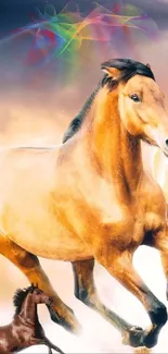 Golden brown horses running with vibrant sky background.