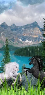 Majestic horses in scenic mountain and lake landscape with vibrant colors.