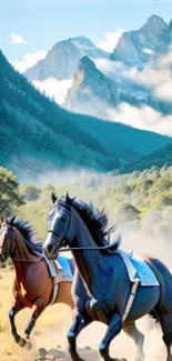 Majestic horses galloping in a lush mountain valley scene.