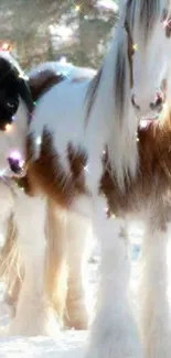 Majestic horses in a snowy scene with magical sparkles.