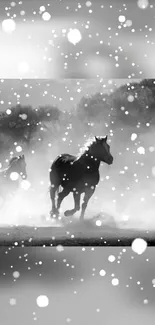 Black and white horses running in snow with a misty background.