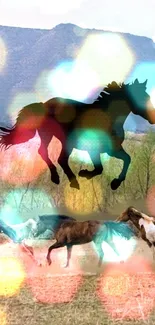 Silhouette of a horse with vibrant bokeh and running herd backdrop.