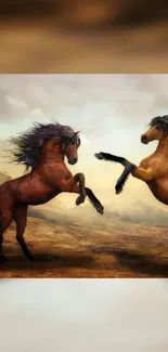 Two majestic horses rearing in a mountainous landscape wallpaper.