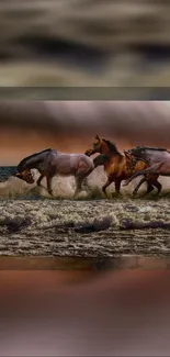 Majestic horses galloping on a tranquil beach with splashing waves.