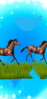 Wallpaper of horses running under a starry blue sky with grass.