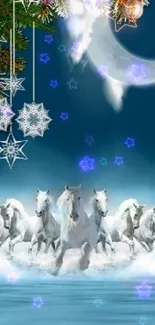 White horses galloping under a moonlit sky with festive decor.