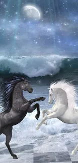 Two horses on a moonlit beach with waves and starry night.