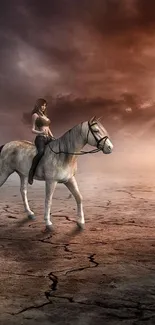 A woman rides a horse across a dramatic, cracked earth landscape under a glowing sky.