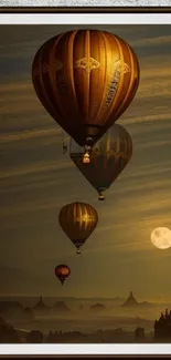 Hot air balloons drifting at dusk with a full moon.