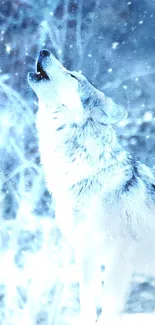 Howling wolf in a snowy forest with blue tones.