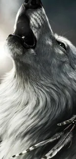 Howling wolf artwork with intricate details and cool gray tones.