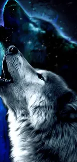 Vibrant blue and black wolf howling art in night sky.