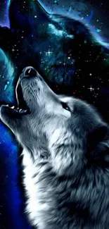 Wolf howling at the moon with galaxy background.